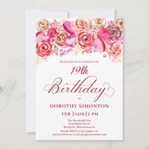 19th Birthday Valentine Pink Rose Swirly Heart Invitation