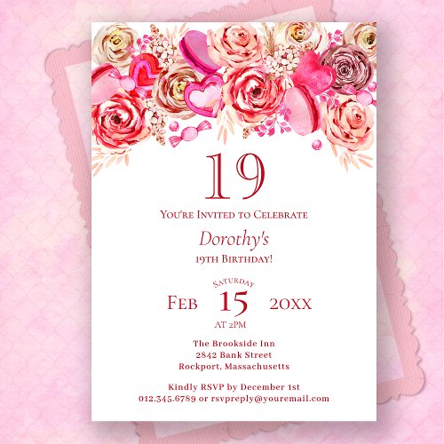 19th Birthday Valentine Pink Rose Swirly Heart Invitation