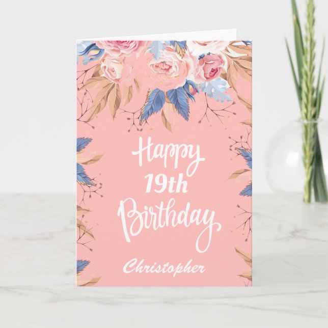 19th Birthday Watercolor Botanical Pink Floral Card (Front)