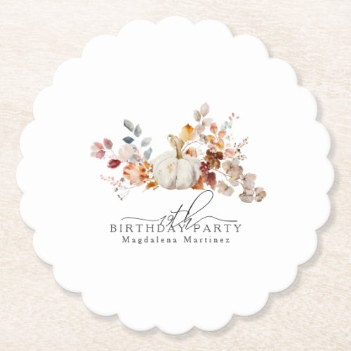 19th Birthday White Pumpkin Fall Flowers Custom Paper Coaster