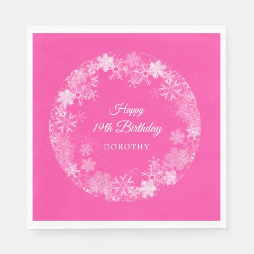 19th Birthday Winter Wonderland Snowflake Pink Napkins