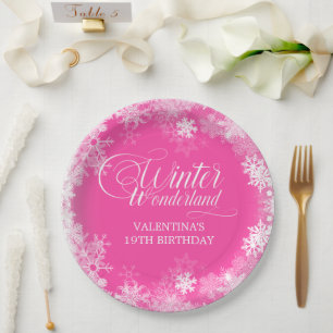 19th Birthday Winter Wonderland Snowflake Pink Paper Plates