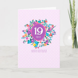19th Birthday with Flowers and Polka Dots Card