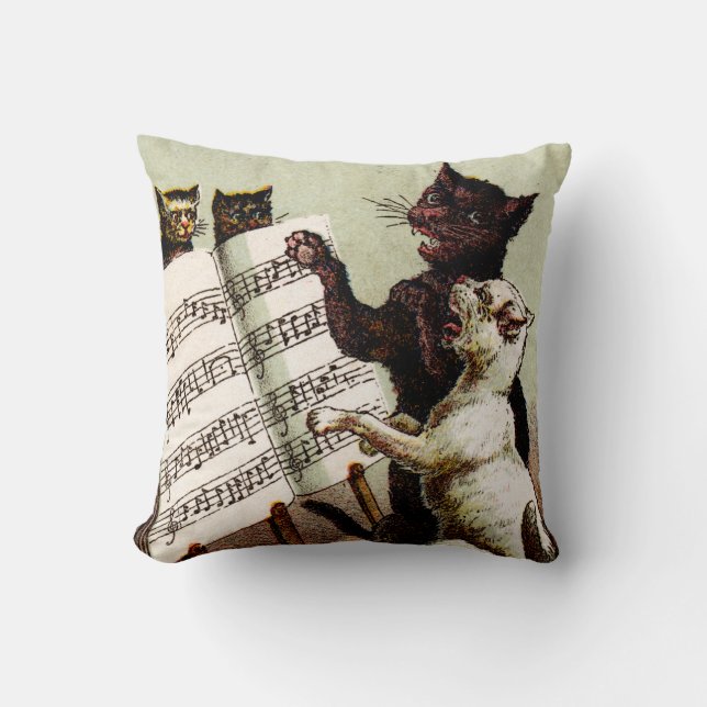19th C. Singing Cats Throw Pillow (Front)