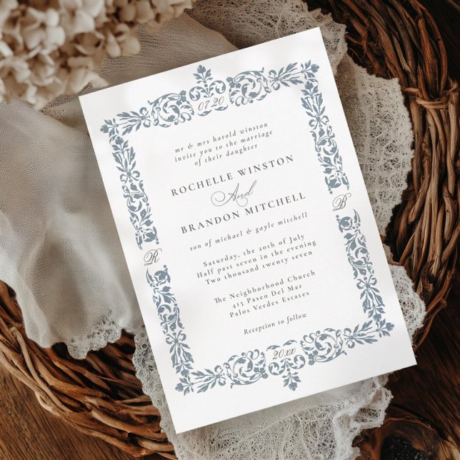 19th Century Antique Ornate Border Aged Blue Invitation (Creator Uploaded)
