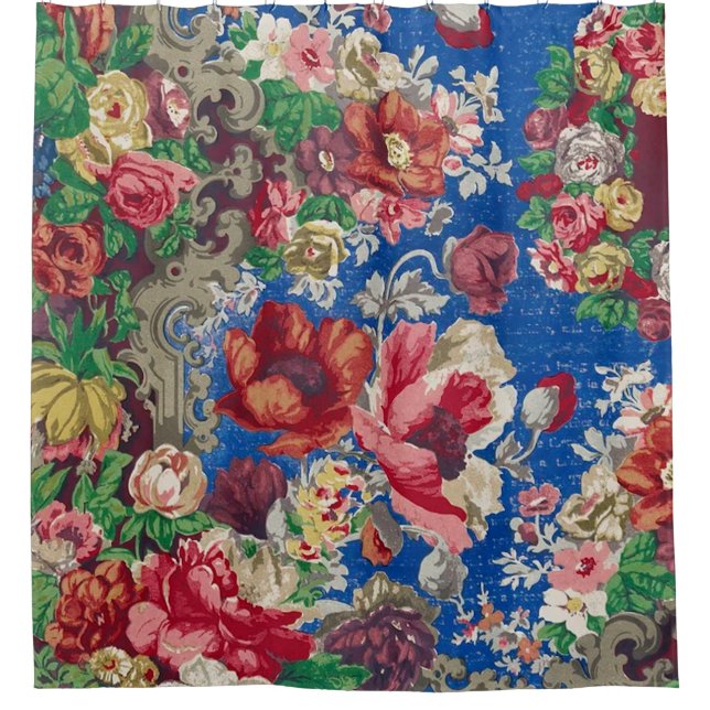 19th Century Flower Pattern Antique Blue Chintz Shower Curtain (Front)