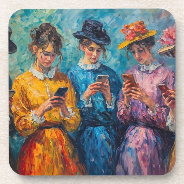 19th Century People Using Smartphones Beverage Coaster (Front)
