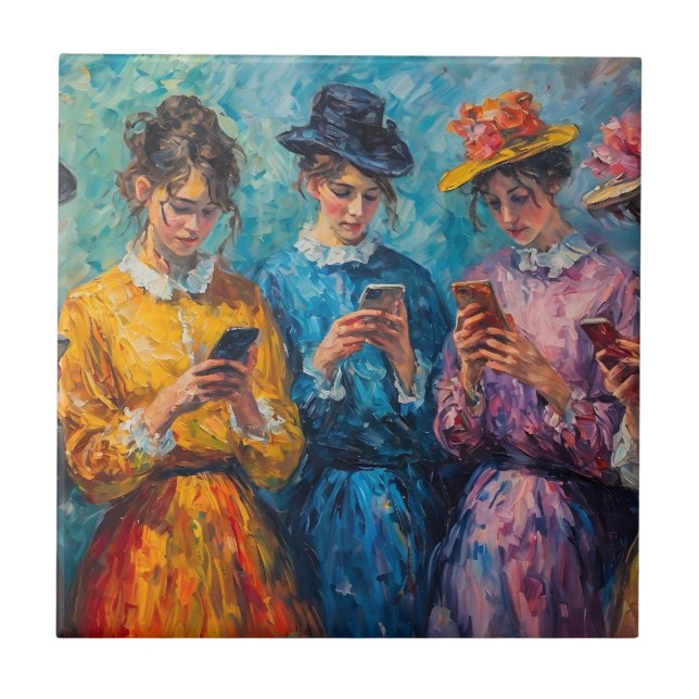19th Century People Using Smartphones Ceramic Tile (Front)