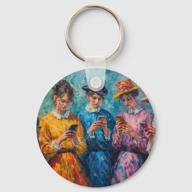 19th Century People Using Smartphones Keychain (Front)