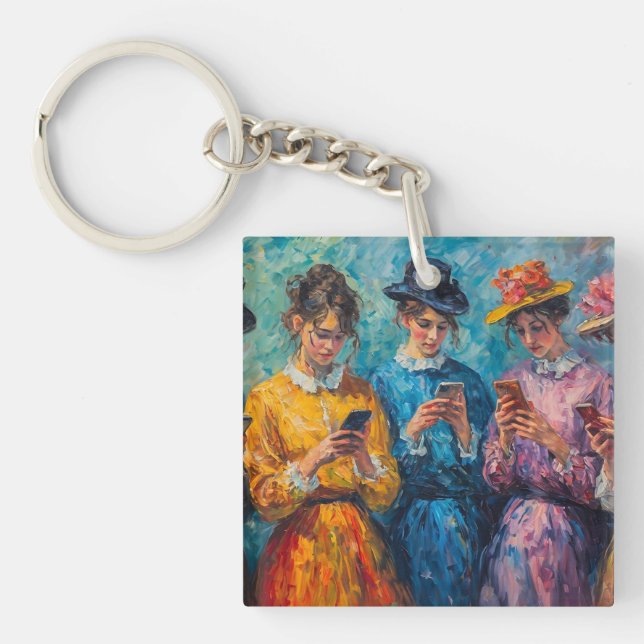 19th Century People Using Smartphones Keychain (Front)
