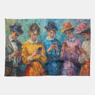 19th Century People Using Smartphones Kitchen Towel