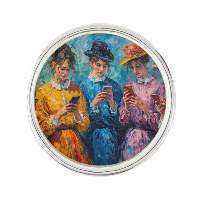 19th Century People Using Smartphones Lapel Pin (Front)