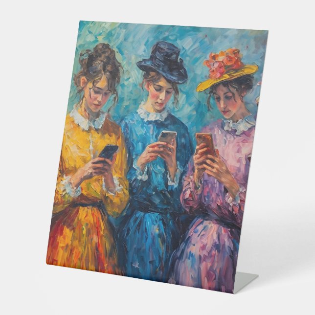19th Century People Using Smartphones Pedestal Sign (Front)