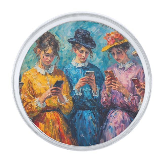 19th Century People Using Smartphones Silver Finish Lapel Pin (Front)