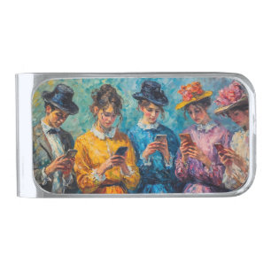 19th Century People Using Smartphones Silver Finish Money Clip