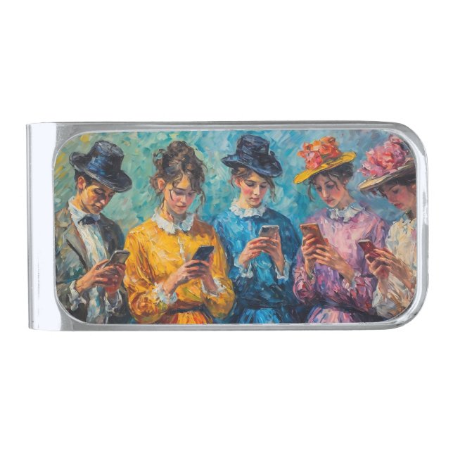 19th Century People Using Smartphones Silver Finish Money Clip (Front)