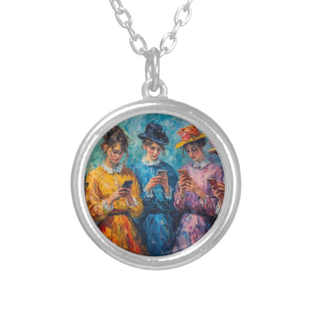 19th Century People Using Smartphones Silver Plated Necklace (Front)