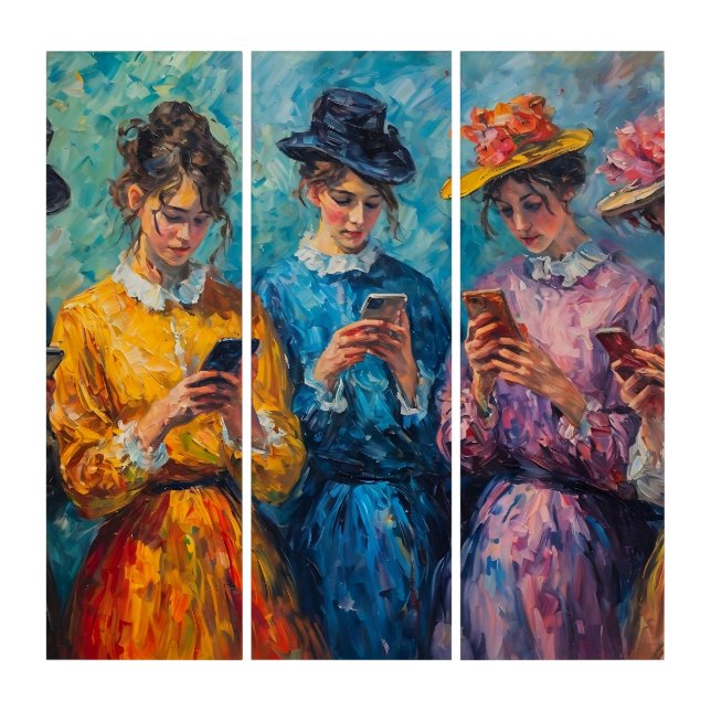 19th Century People Using Smartphones Triptych (Front)