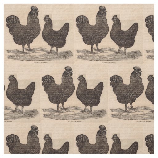 19th century print Plymouth Rock hen and rooster Fabric