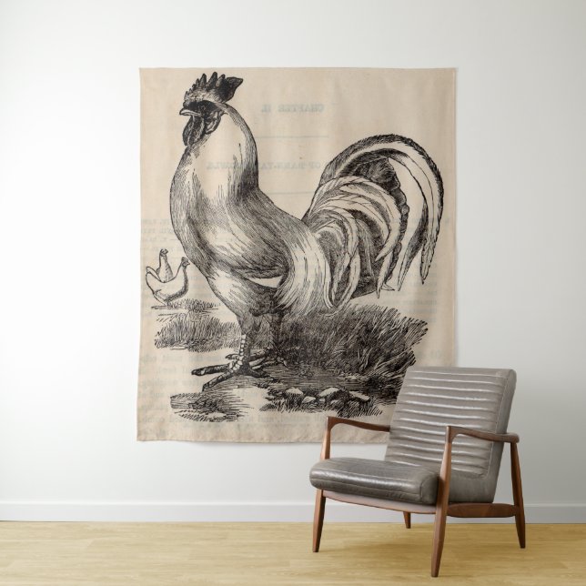 19th century print white Dorking rooster Tapestry (In Situ)