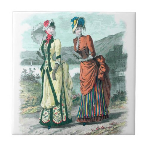 19th Century Victorian Fashion Plates Strolling Ceramic Tile
