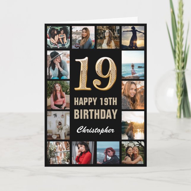 19th Happy Birthday Black and Gold Photo Collage Card (Front)