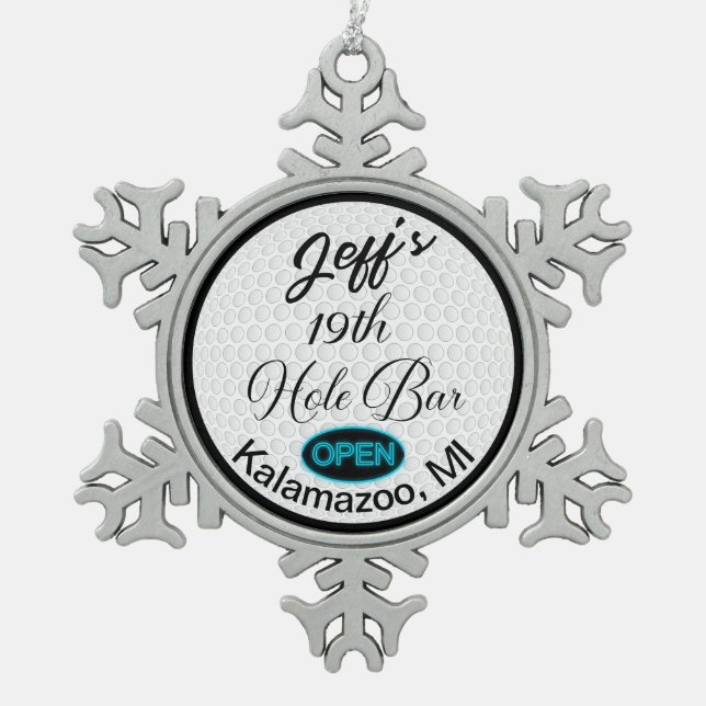 19th Hole Bar Personalized Golf Ball Design Bar  Snowflake Pewter Christmas Ornament (Front)