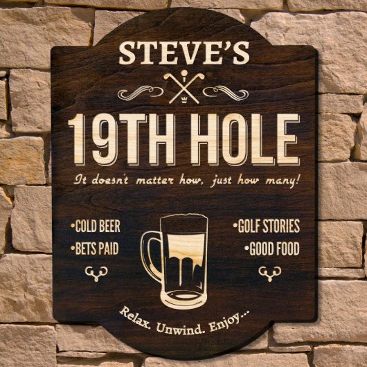19th Hole Brown Engraved Golf Wooden Bar Sign (Front)