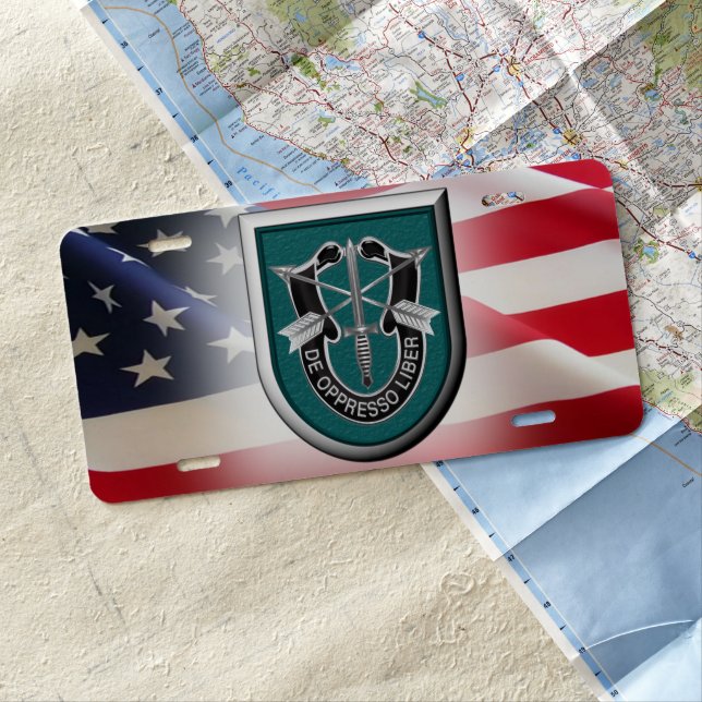19th Special Forces Group (Airborne) American Flag License Plate (In Situ)