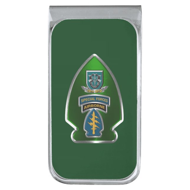 19th Special Forces Group Airborne  Silver Finish Money Clip (Front Vertical)