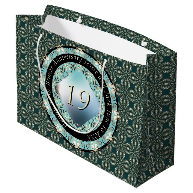 19th Wedding Anniversary Acquamarine MedallionText Large Gift Bag (Back Angled)