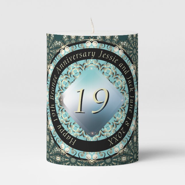19th Wedding Anniversary Acquamarine MedallionText Pillar Candle (Front)