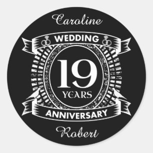 19TH wedding anniversary black and white Classic Round Sticker
