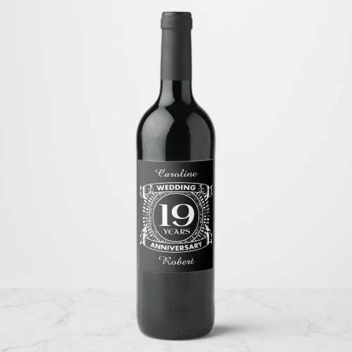19TH wedding anniversary black and white Wine Label