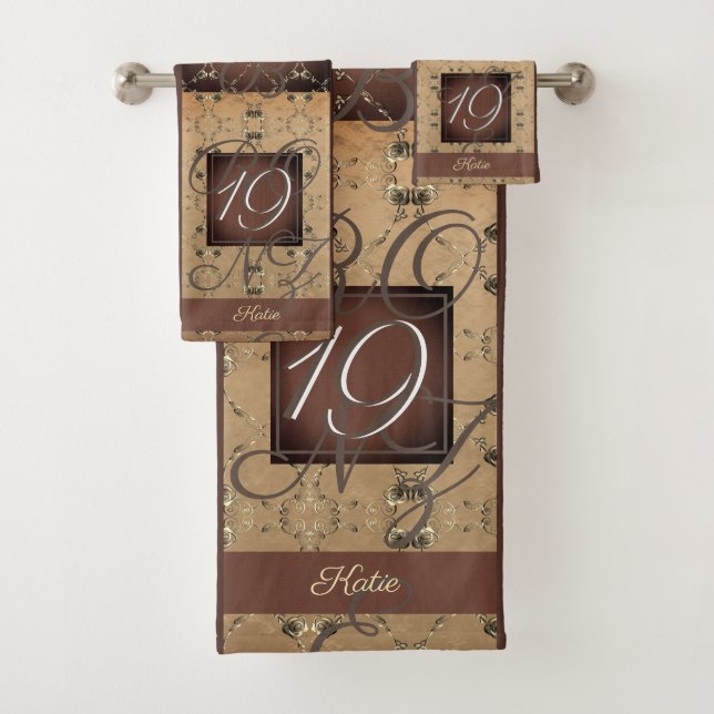 19th Wedding Anniversary Dark Bronze Monogram Bath Towel Set (Insitu)