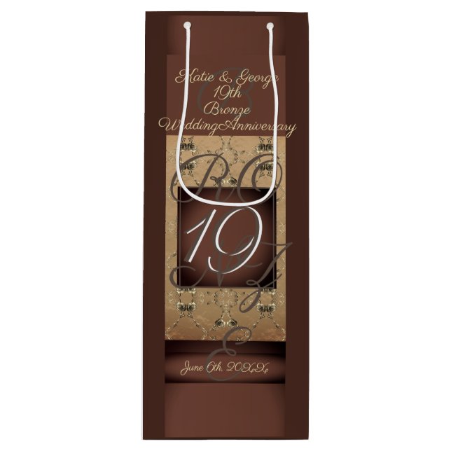 19th Wedding Anniversary Dark Bronze   Wine Gift Bag (Front)