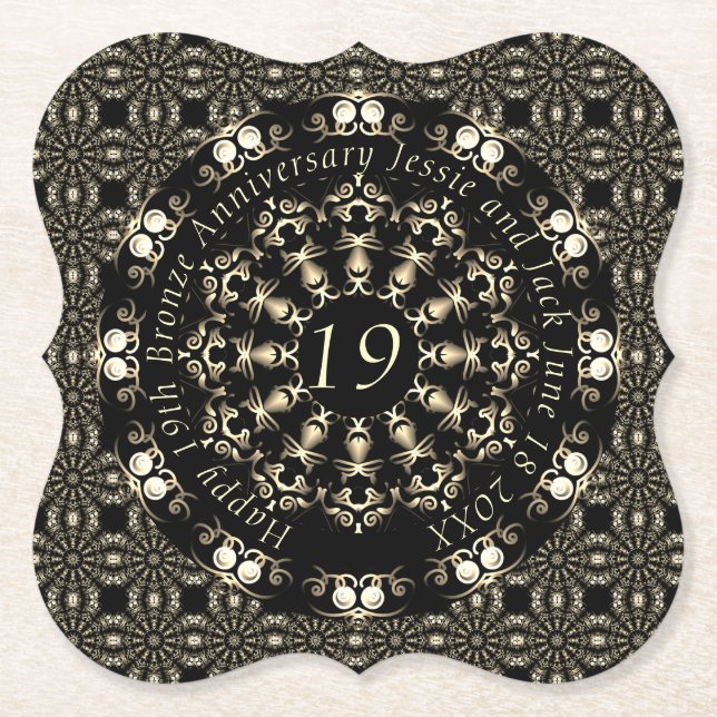 19th Wedding Anniversary Mandala Medallion Text Paper Coaster (Front)