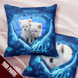 1+1 Photo Pet Love & Keepsake, Blue Neon Hearts - Throw Pillow