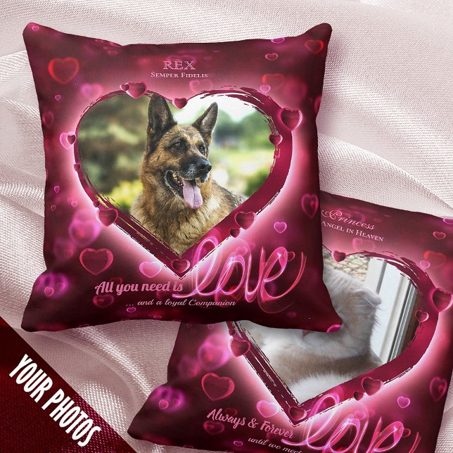 1+1 Photo Pet Love & Keepsake, Red Neon Hearts - Throw Pillow (Creator Uploaded)