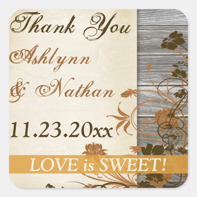 1.5" Autumn Flowers, Wood Wedding Favor Thank You Square Sticker (Front)