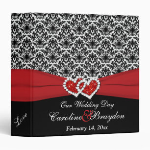 1.5" Black White Red Damask, Joined Hearts BINDER