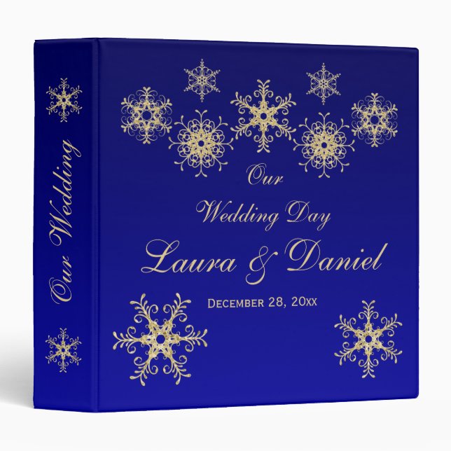 1.5" Blue, Gold Glitter Snowflakes Wedding BINDER (Front/Spine)
