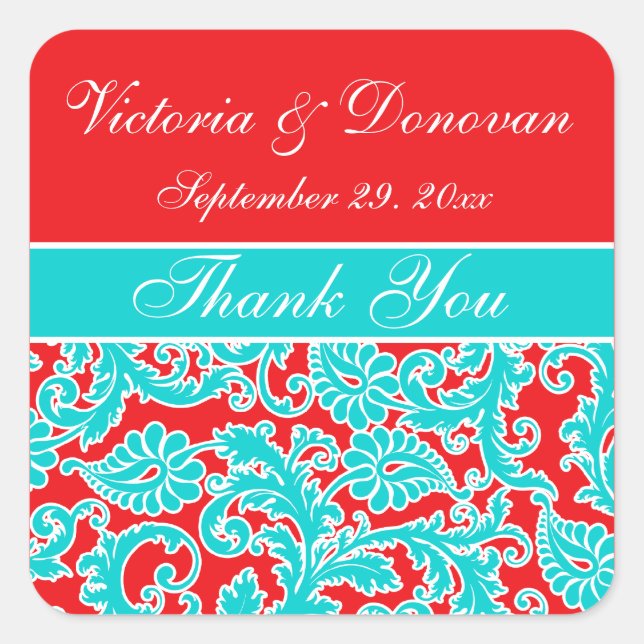 1.5" Blue Red White Damask Wedding Favor Sticker (Front)
