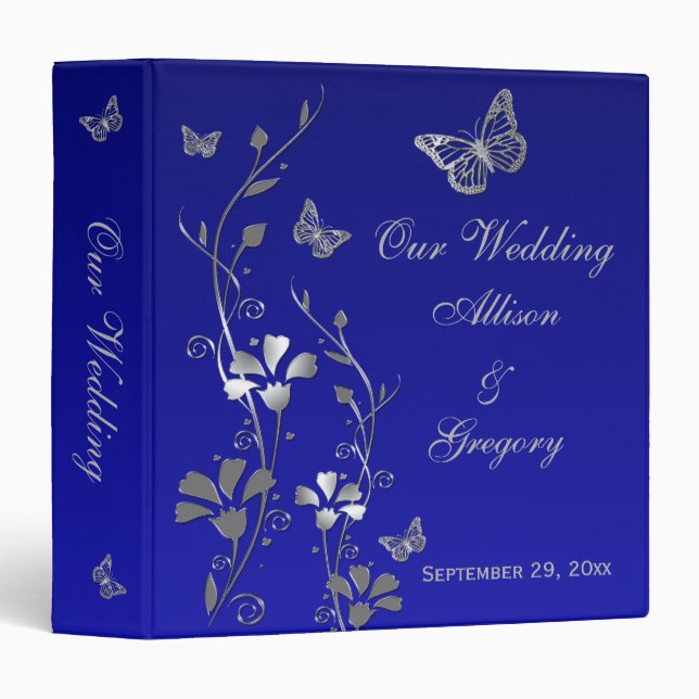 1.5" Blue, Silver Floral, Butterfly Wedding Binder (Front/Spine)