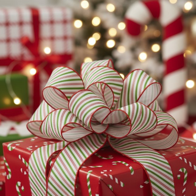 1.5" Green and Red Candy Cane Striped Xmas Kids Grosgrain Ribbon (Fun Festive Red and Green Candy Cane Stripes Xmas Ribbon for Kids. Cute Pinstripe Christmas Pattern)