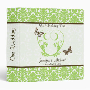 1.5" Green, Brown, White Damask Wedding BINDER