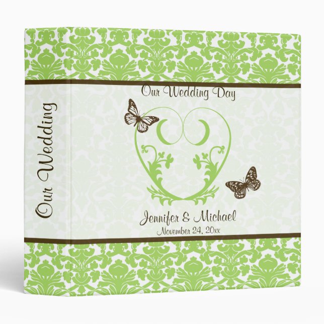 1.5" Green, Brown, White Damask Wedding BINDER (Front/Spine)