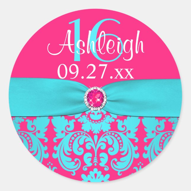1.5" Hot Pink, Turquoise Damask Sweet 16 Sticker (Front)