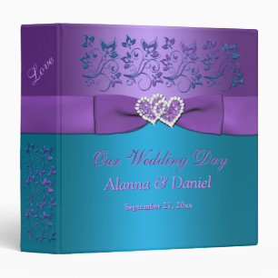 1.5" Purple, Teal Floral, Hearts Wedding BINDER