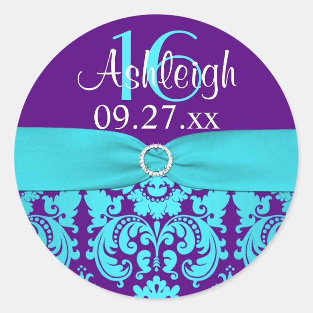 1.5" Purple, Turquoise Damask Sweet 16 Sticker (Front)